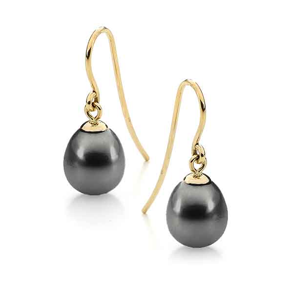 9ct Yellow Gold 10mm Dyed Black Freshwater Pearl Shepherd Hook Earrings