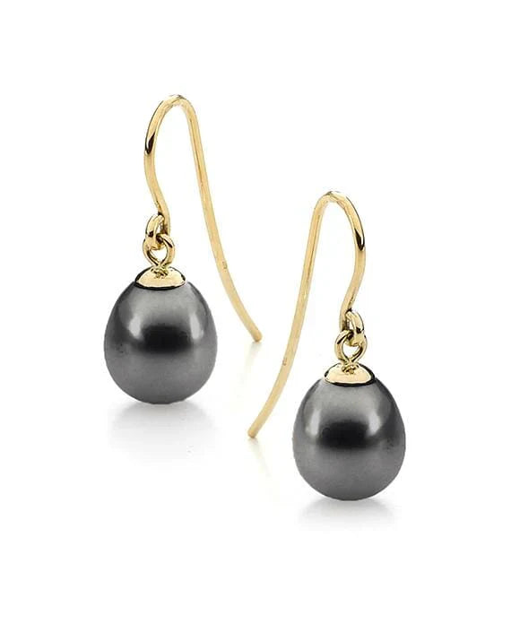 9ct Yellow Gold 9mm Dyed Black Freshwater Pearl Shepard hook earrings