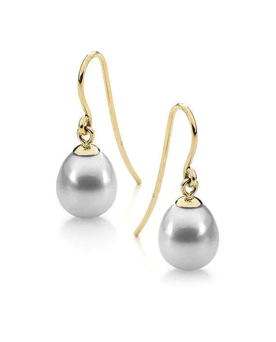 9ct Yellow Gold 9mm Dyed Grey Freshwater Pearl Shepard Hook Earrings