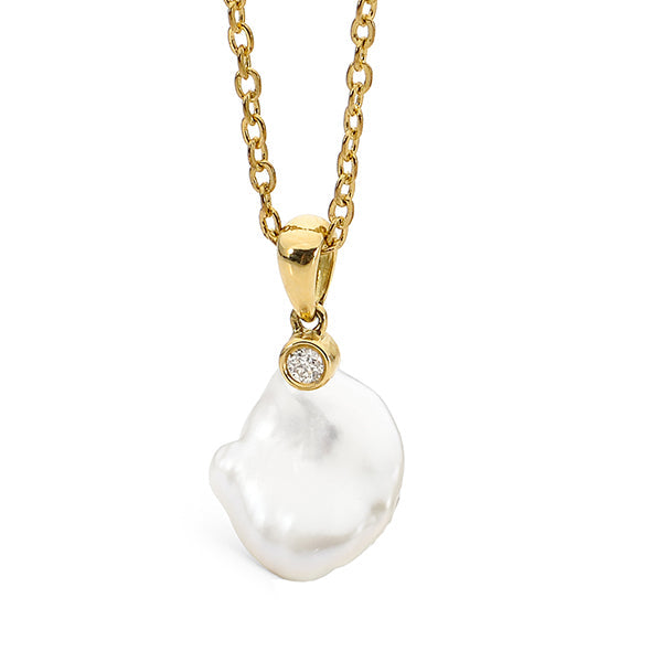 9ct Yellow Gold 12-13mm Freshwater Pearl Keshi Diamond Pendant