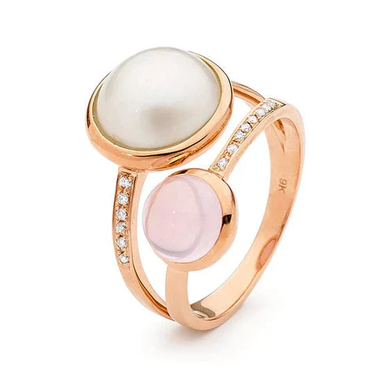 9ct Rose Gold Mabe Pearl, Rose Quartz and Diamond dress ring