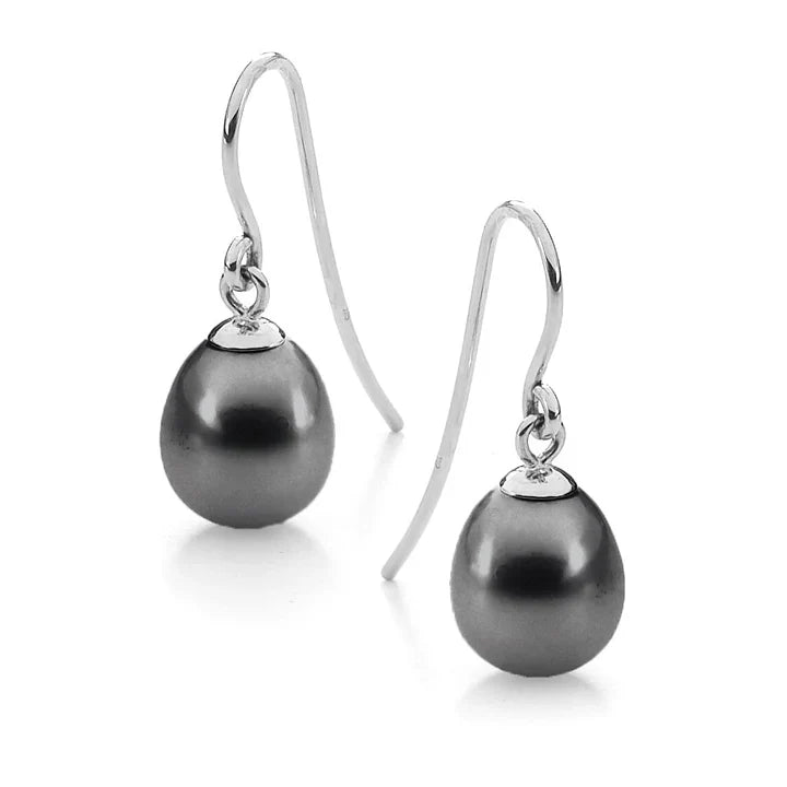 Sterling Silver 9mm Dyed Black Freshwater Pearl hook earrings