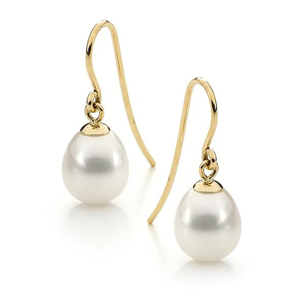 9ct Yellow Gold 9mm Freshwater Pearl Hook Earrings